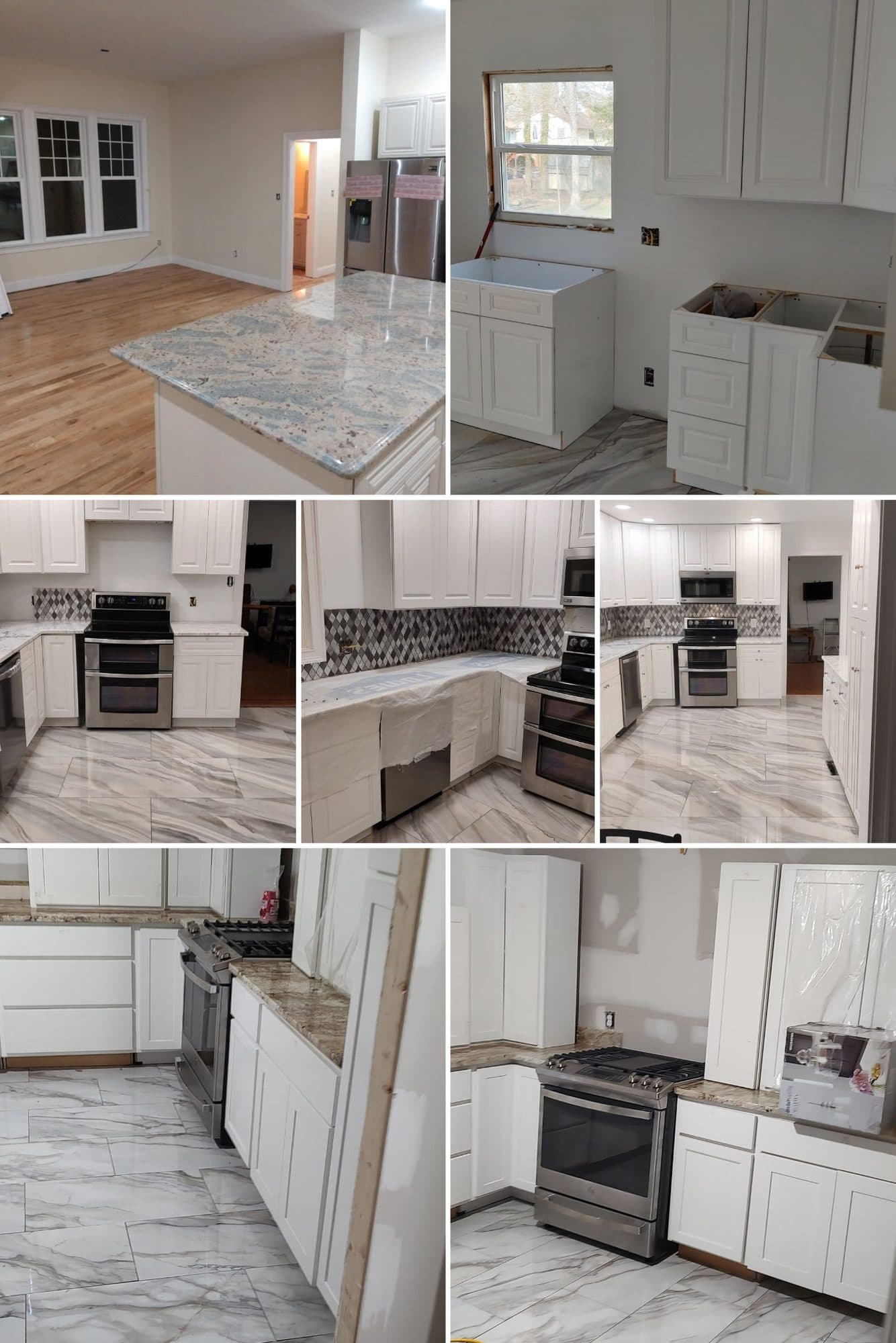 Six views of remodeled kitchens with white cabinets, granite and tile floors